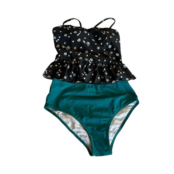 Women's Floral Black and Teal Swimsuit - Picture 1 of 4